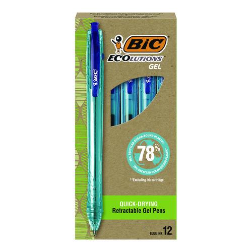 Image of BIC® RGLE11-BLU Ecolutions Gel Pen, Retractable, Medium 1 mm, Blue Ink, Blue Barrel, 12/Pack