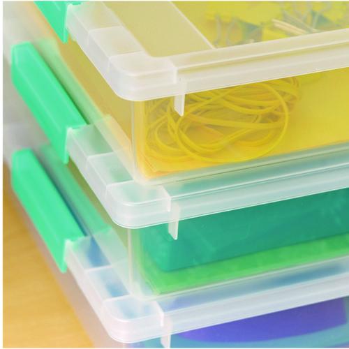 Image of IRIS 301158 Latch Lid Storage Box, 2.3 gal, 14 x 11 x 3.5, Clear Bin/Seafoam Latches