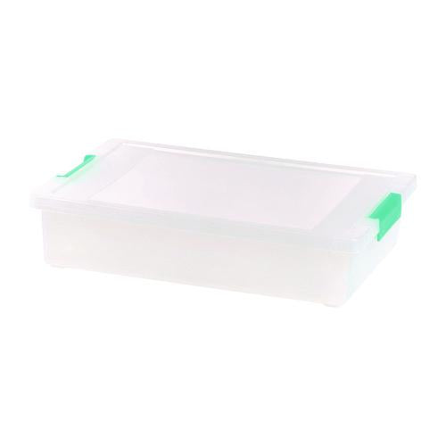 Image of IRIS 301158 Latch Lid Storage Box, 2.3 gal, 14 x 11 x 3.5, Clear Bin/Seafoam Latches