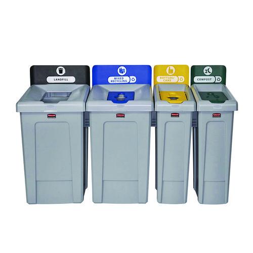 Image of Rubbermaid® Commercial 2185052 Slim Jim Recycling Station Kit, 1-Stream Bottles and Cans, 23 gal, Plastic, Yellow/Gray