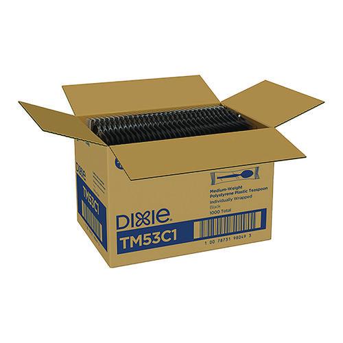 Image of Dixie® TM53C1 Mediumweight Polystyrene Wrapped Cutlery, Spoon, Plastic, Black, 1,000/Carton