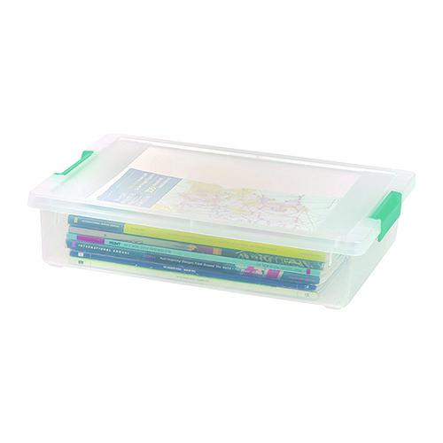 Image of IRIS 301158 Latch Lid Storage Box, 2.3 gal, 14 x 11 x 3.5, Clear Bin/Seafoam Latches
