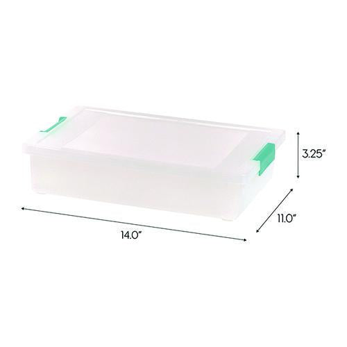 Image of IRIS 301158 Latch Lid Storage Box, 2.3 gal, 14 x 11 x 3.5, Clear Bin/Seafoam Latches