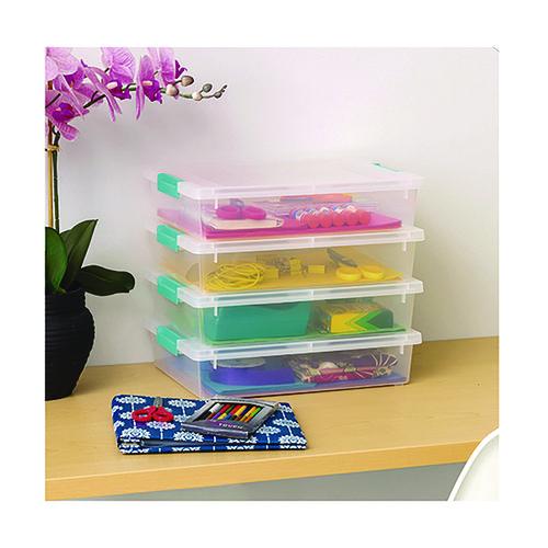 Image of IRIS 301158 Latch Lid Storage Box, 2.3 gal, 14 x 11 x 3.5, Clear Bin/Seafoam Latches