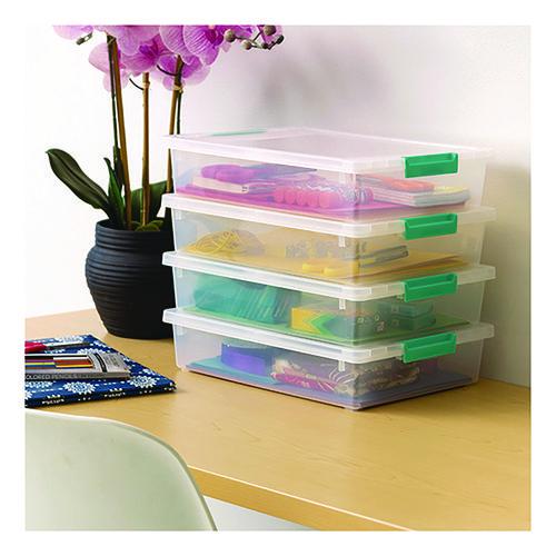 Image of IRIS 301158 Latch Lid Storage Box, 2.3 gal, 14 x 11 x 3.5, Clear Bin/Seafoam Latches