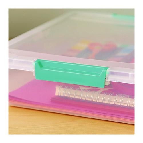 Image of IRIS 301158 Latch Lid Storage Box, 2.3 gal, 14 x 11 x 3.5, Clear Bin/Seafoam Latches