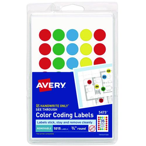 Image of Avery® 05473 Handwrite-Only Self-Adhesive "See Through" Removable Round Color Dots, 0.75" dia, Assorted, 35/Sheet, 29 Sheets/Pack, (5473)