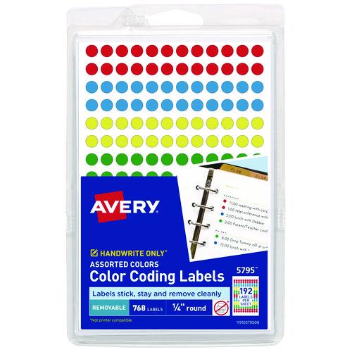 Image of Avery® 13962/5795 Handwrite Only Self-Adhesive Removable Round Color-Coding Labels, 0.25" dia, Assorted, 192/Sheet, 4 Sheets/Pack, (5795)