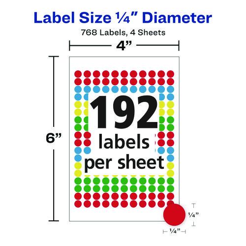 Image of Avery® 13962/5795 Handwrite Only Self-Adhesive Removable Round Color-Coding Labels, 0.25" dia, Assorted, 192/Sheet, 4 Sheets/Pack, (5795)