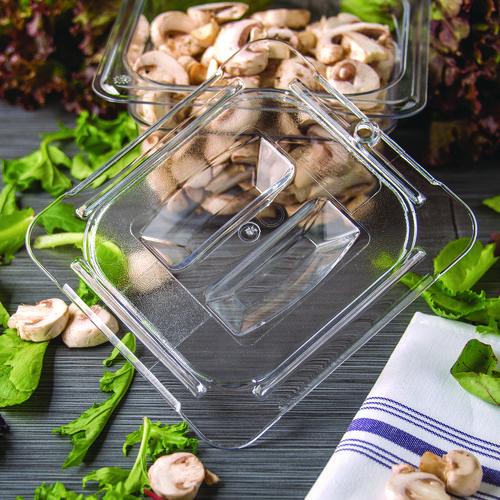 Image of Carlisle StorPlus Polycarbonate Handled Universal Lid, 6.31 x 6.88 x 0.88, Clear, Plastic