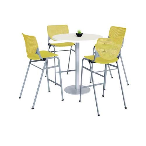 Image of KFI Studios 811774037099 Pedestal Bistro Table with Four Yellow Kool Series Barstools, Round, 36"Dia x 41h, Designer White