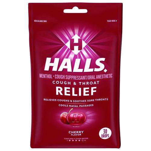Image of HALLS 03 12546 62182 00 Triple Action Cough Drops, Cherry, 30/Bag, 12 Bags/Box