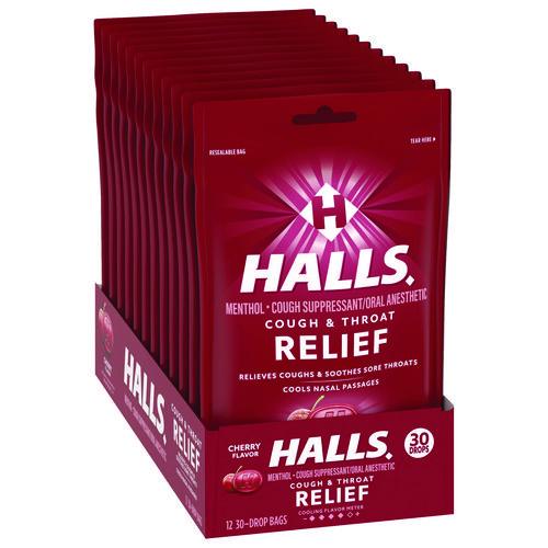 Image of HALLS 03 12546 62182 00 Triple Action Cough Drops, Cherry, 30/Bag, 12 Bags/Box