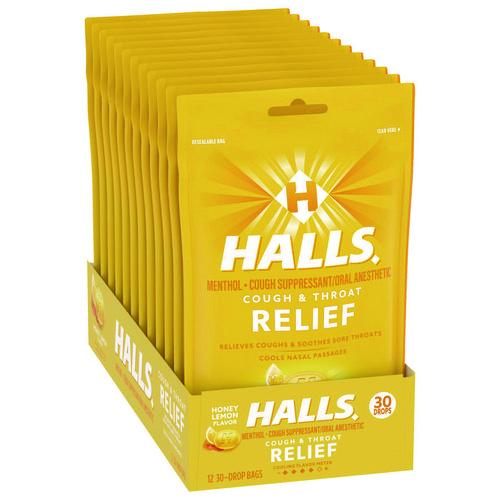 Image of HALLS 03 12546 62183 00 Triple Action Cough Drops, Honey-Lemon, 30/Bag, 12 Bags/Box