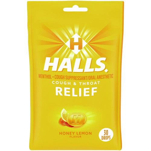 Image of HALLS 03 12546 62183 00 Triple Action Cough Drops, Honey-Lemon, 30/Bag, 12 Bags/Box