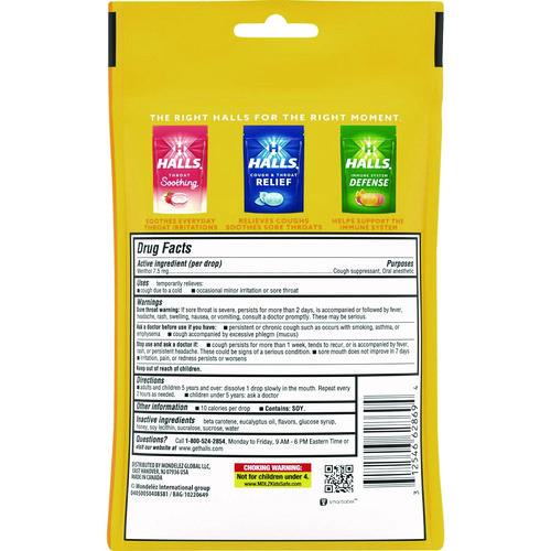 Image of HALLS 03 12546 62183 00 Triple Action Cough Drops, Honey-Lemon, 30/Bag, 12 Bags/Box