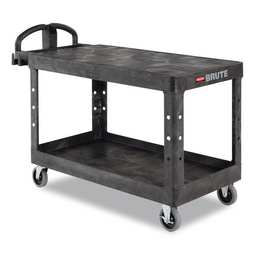 Image of Rubbermaid® Commercial FG454500BLA Heavy-Duty Utility Cart with Flat Shelves, Plastic, 2 Shelves, 500 lb Capacity, 25.25" x 54" x 36", Black