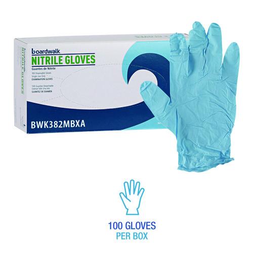 Image of Boardwalk® 382MBXA Disposable Examination Nitrile Gloves, Powder-Free, Medium, 5 mil Thick, 9.5" Long, Blue, 100/Box