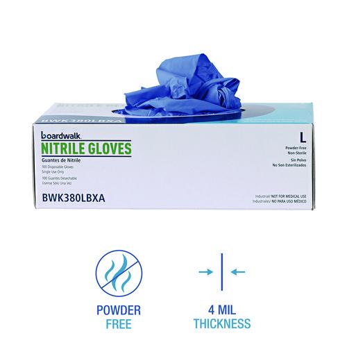 Image of Boardwalk® 380LBXA 380 Series Disposable General-Purpose Nitrile Gloves, Powder-Free, Large, 4 mil Thick, 9.5" Long, Blue, 100/Box