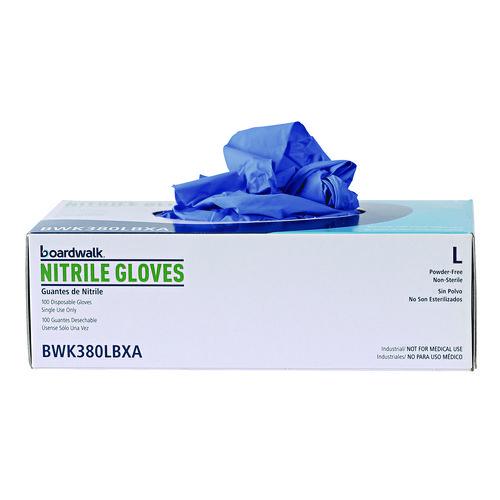 Image of Boardwalk® 380LBXA 380 Series Disposable General-Purpose Nitrile Gloves, Powder-Free, Large, 4 mil Thick, 9.5" Long, Blue, 100/Box