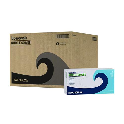 Image of Boardwalk® 380LCTA 380 Series Disposable General-Purpose Nitrile Gloves, Powder-Free, Large, 4 mil Thick, 9.5" Long, Blue, 100/Box, 10 Boxes/CT