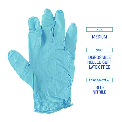 Image of Boardwalk® 382MBXA Disposable Examination Nitrile Gloves, Powder-Free, Medium, 5 mil Thick, 9.5" Long, Blue, 100/Box