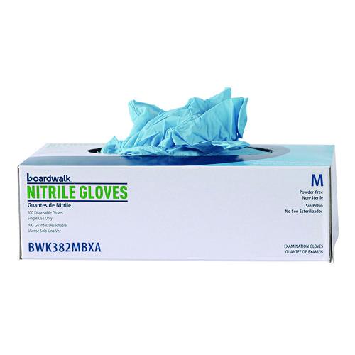 Image of Boardwalk® 382MBXA Disposable Examination Nitrile Gloves, Powder-Free, Medium, 5 mil Thick, 9.5" Long, Blue, 100/Box