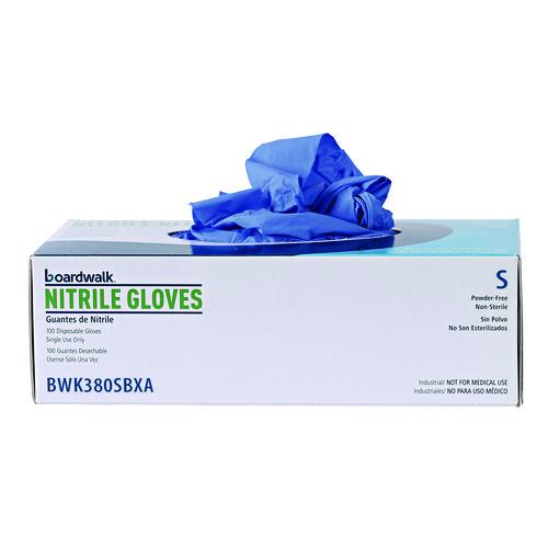 Image of Boardwalk® 380SBXA 380 Series Disposable General-Purpose Nitrile Gloves, Powder-Free, Small, 4 mil Thick, 9.5" Long, Blue, 100/Box