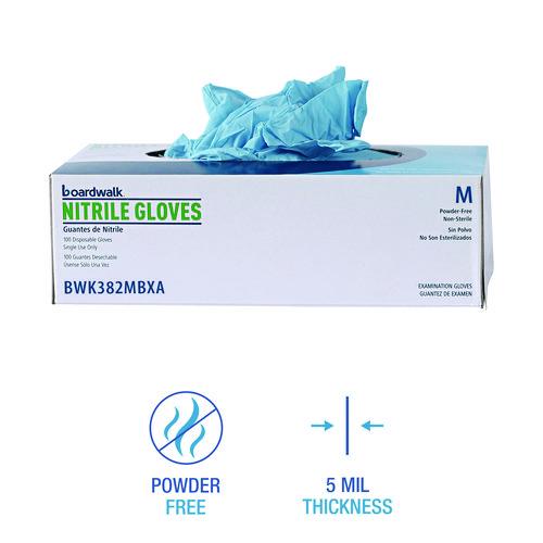 Image of Boardwalk® 382MCTA Disposable Examination Nitrile Gloves, Powder-Free, Medium, 5 mil Thick, 9.5" Long, Blue, 100/Box, 10 Boxes/Carton