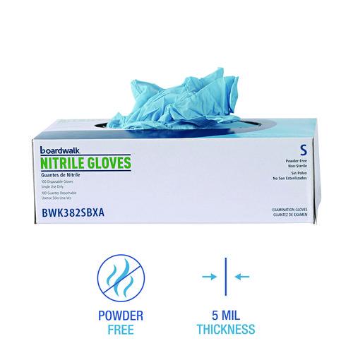 Image of Boardwalk® 382SBXA Disposable Examination Nitrile Gloves, Powder-Free, Small, 5 mil Thick, 9.5" Long, Blue, 100/Box