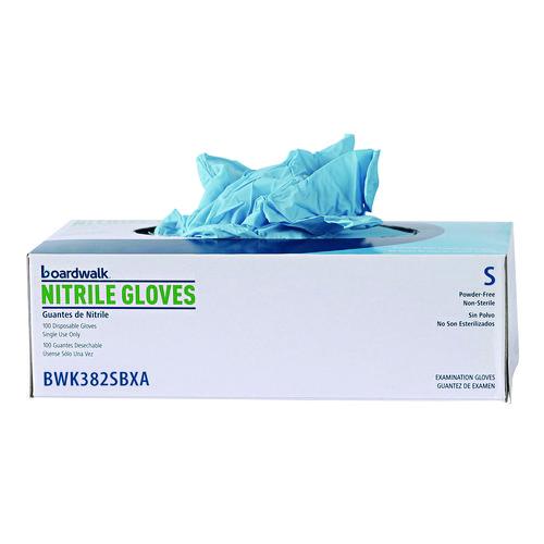 Image of Boardwalk® 382SBXA Disposable Examination Nitrile Gloves, Powder-Free, Small, 5 mil Thick, 9.5" Long, Blue, 100/Box
