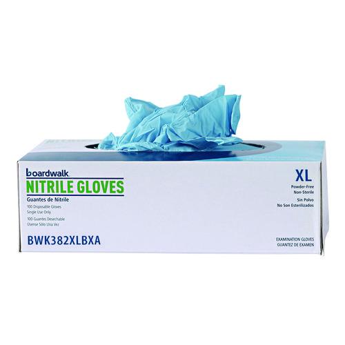 Image of Boardwalk® 382XLBXA Disposable Examination Nitrile Gloves, Powder-Free, X-Large, 5 mil Thick, 9.5" Long, Blue, 100/Box