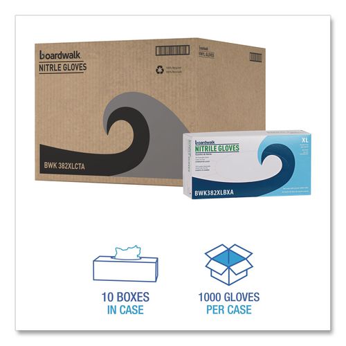 Image of Boardwalk® 382XLCTA Disposable Examination Nitrile Gloves, Powder-Free, X-Large, 5 mil Thick, 9.5" Long, Blue, 100/Box, 10 Boxes/Carton
