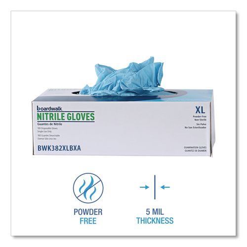 Image of Boardwalk® 382XLCTA Disposable Examination Nitrile Gloves, Powder-Free, X-Large, 5 mil Thick, 9.5" Long, Blue, 100/Box, 10 Boxes/Carton