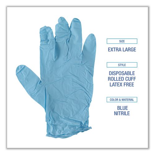 Image of Boardwalk® 382XLCTA Disposable Examination Nitrile Gloves, Powder-Free, X-Large, 5 mil Thick, 9.5" Long, Blue, 100/Box, 10 Boxes/Carton