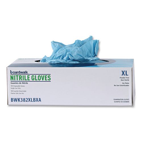 Image of Boardwalk® 382XLCTA Disposable Examination Nitrile Gloves, Powder-Free, X-Large, 5 mil Thick, 9.5" Long, Blue, 100/Box, 10 Boxes/Carton