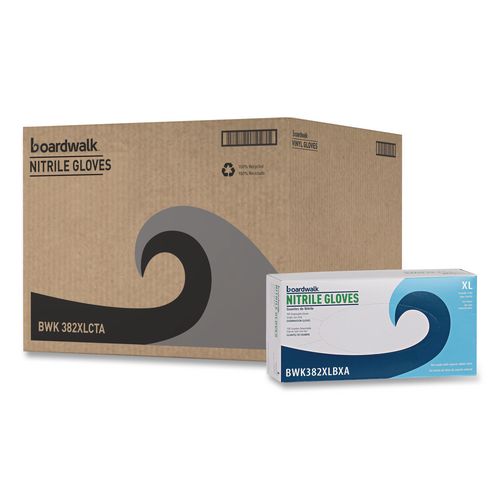 Image of Boardwalk® 382XLCTA Disposable Examination Nitrile Gloves, Powder-Free, X-Large, 5 mil Thick, 9.5" Long, Blue, 100/Box, 10 Boxes/Carton
