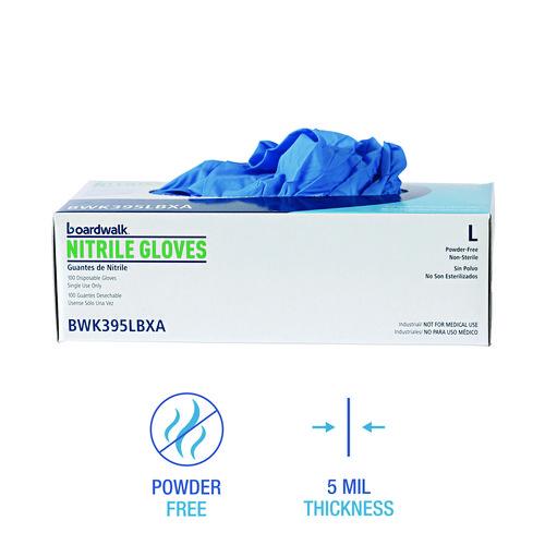 Image of Boardwalk® 395LCTA 395 Series Disposable General-Purpose Nitrile Gloves, Powder-Free, Large, 5 mil Thick, 9.5" Long, Blue, 100/Box, 10 Boxes/CT