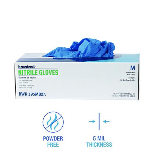 Image of Boardwalk® 395MBXA 395 Series Disposable General-Purpose Nitrile Gloves, Powder-Free, Medium, 5 mil Thick, 9.5" Long, Blue, 100/Box