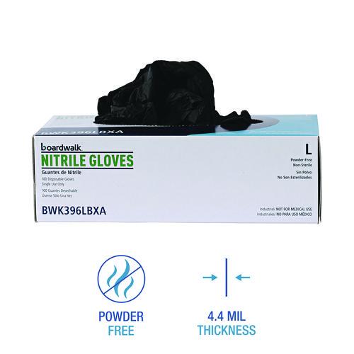 Image of Boardwalk® BWK396LCT 396 Series Disposable General-Purpose Nitrile Gloves, Powder-Free, Large, 4.4 mil Thick, 9.5" Long, Black, 100/BX, 10 BX/CT