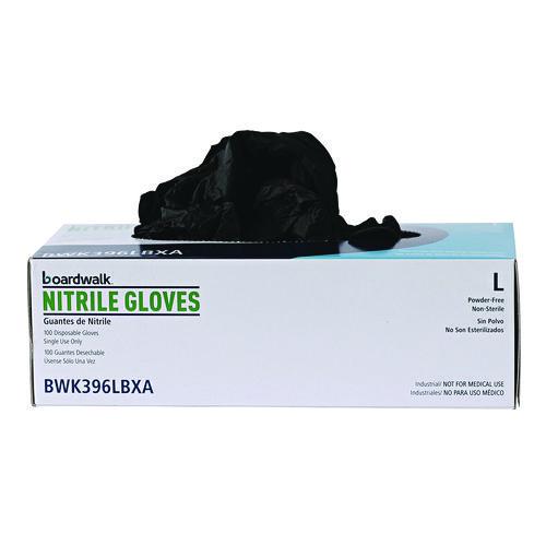 Image of Boardwalk® BWK396LCT 396 Series Disposable General-Purpose Nitrile Gloves, Powder-Free, Large, 4.4 mil Thick, 9.5" Long, Black, 100/BX, 10 BX/CT