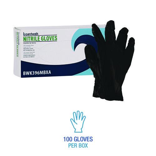 Image of Boardwalk® BWK396MCT 396 Series Disposable General-Purpose Nitrile Gloves, Powder-Free, Medium, 4.4 mil Thick, 9.5" Long, Black, 100/BX, 10 BX/CT
