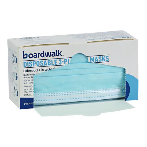 Image of Boardwalk® MS2000BX Three-Ply General Use Face Mask, Polypropylene, One Size Fits Most, Blue, 50/Box
