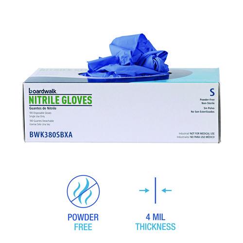 Image of Boardwalk® 380SBXA 380 Series Disposable General-Purpose Nitrile Gloves, Powder-Free, Small, 4 mil Thick, 9.5" Long, Blue, 100/Box