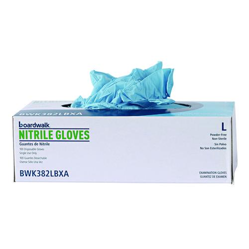 Image of Boardwalk® 382LBXA Disposable Examination Nitrile Gloves, Powder-Free, Large, 5 mil Thick, 9.5" Long, Blue, 100/Box