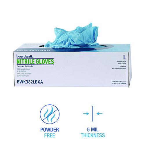 Image of Boardwalk® 382LBXA Disposable Examination Nitrile Gloves, Powder-Free, Large, 5 mil Thick, 9.5" Long, Blue, 100/Box