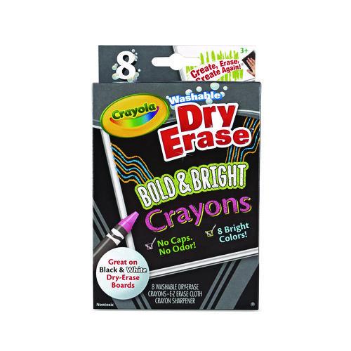 Image of Crayola® 98-5202 Washable Dry Erase Crayons with Built-In Sharpener and E-Z Erase Cloth, Large Size, 0.44 x 4, 8 Assorted Bright Colors, 8/Box