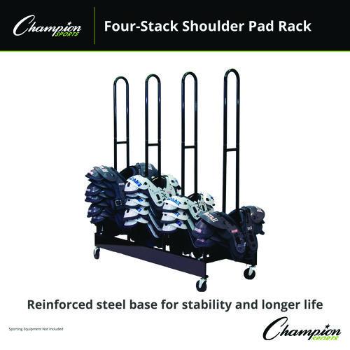 Image of Champion Sports FBSPR4 Mobile Four-Stack Shoulder Pad Rack, Metal, 176 lb Capacity, 24" x 59" x 68", Black