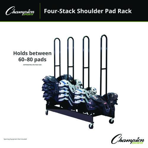 Image of Champion Sports FBSPR4 Mobile Four-Stack Shoulder Pad Rack, Metal, 176 lb Capacity, 24" x 59" x 68", Black