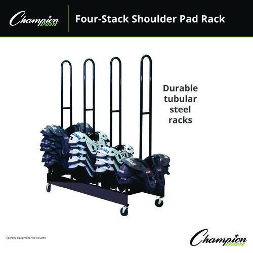 Image of Champion Sports FBSPR4 Mobile Four-Stack Shoulder Pad Rack, Metal, 176 lb Capacity, 24" x 59" x 68", Black